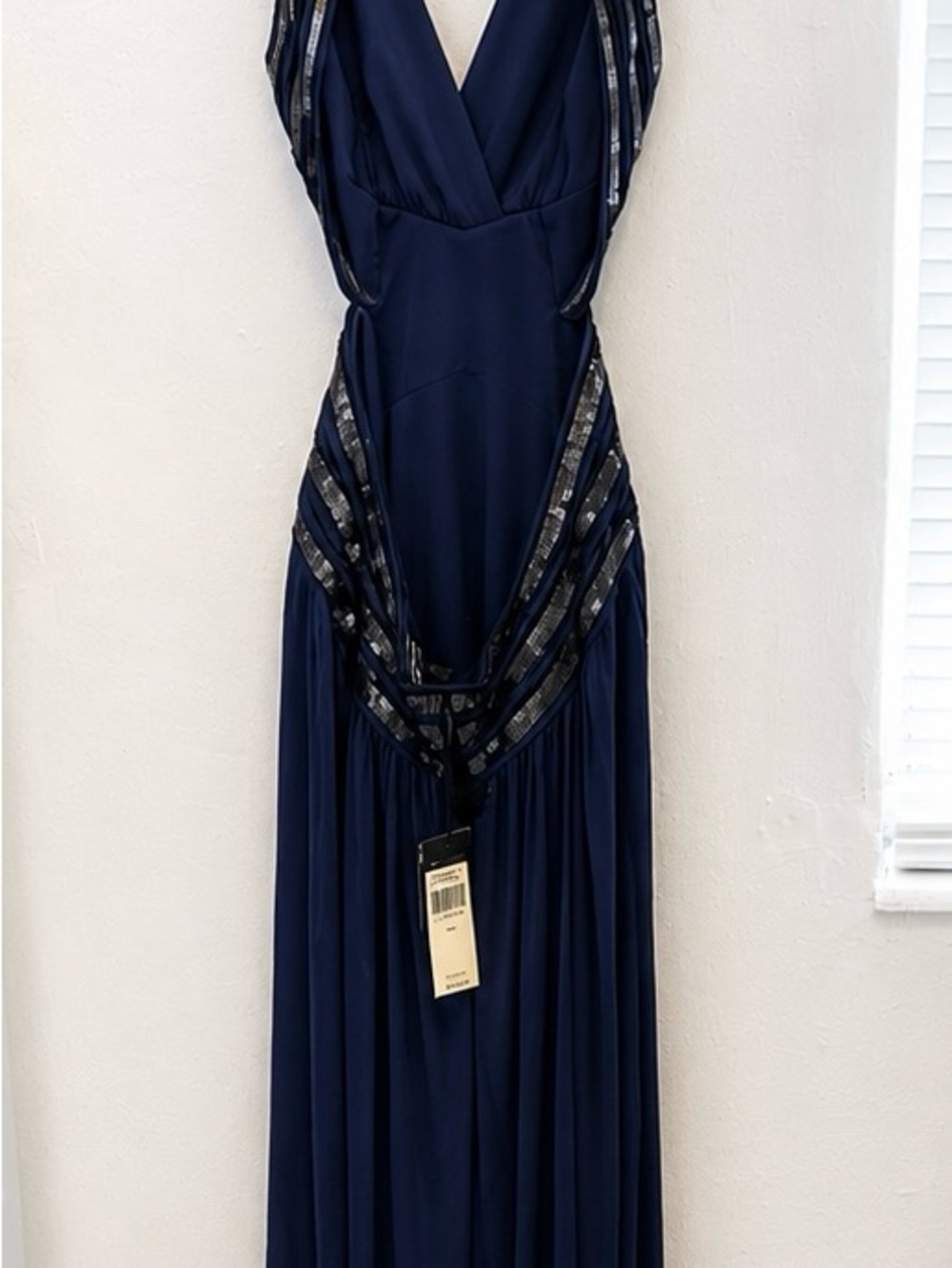 BCBGMAXAZRIA Navy Blue Sequin Embellished Open Back Maxi Evening Gown - Picture 3 of 3
